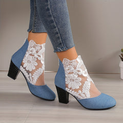 Women's Mesh Block Heel Boots Embroidered Back Zip Ankle Boots