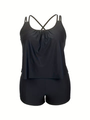  Solid Criss Cross Tank Top & Shorts Swimsuit Set