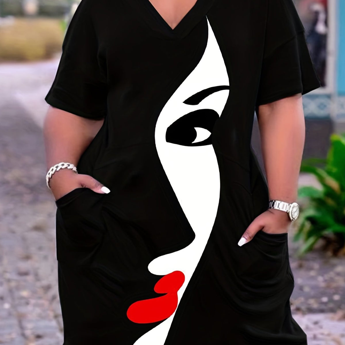  Colorblock Abstract Figure Print V Neck Stretch Dress
