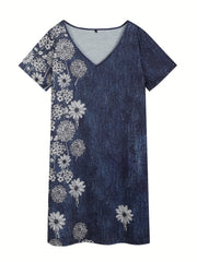  Stripe Print Short Sleeve V Neck Tee Dress