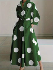  Dot Print Long Sleeve Maxi Shirt Dress