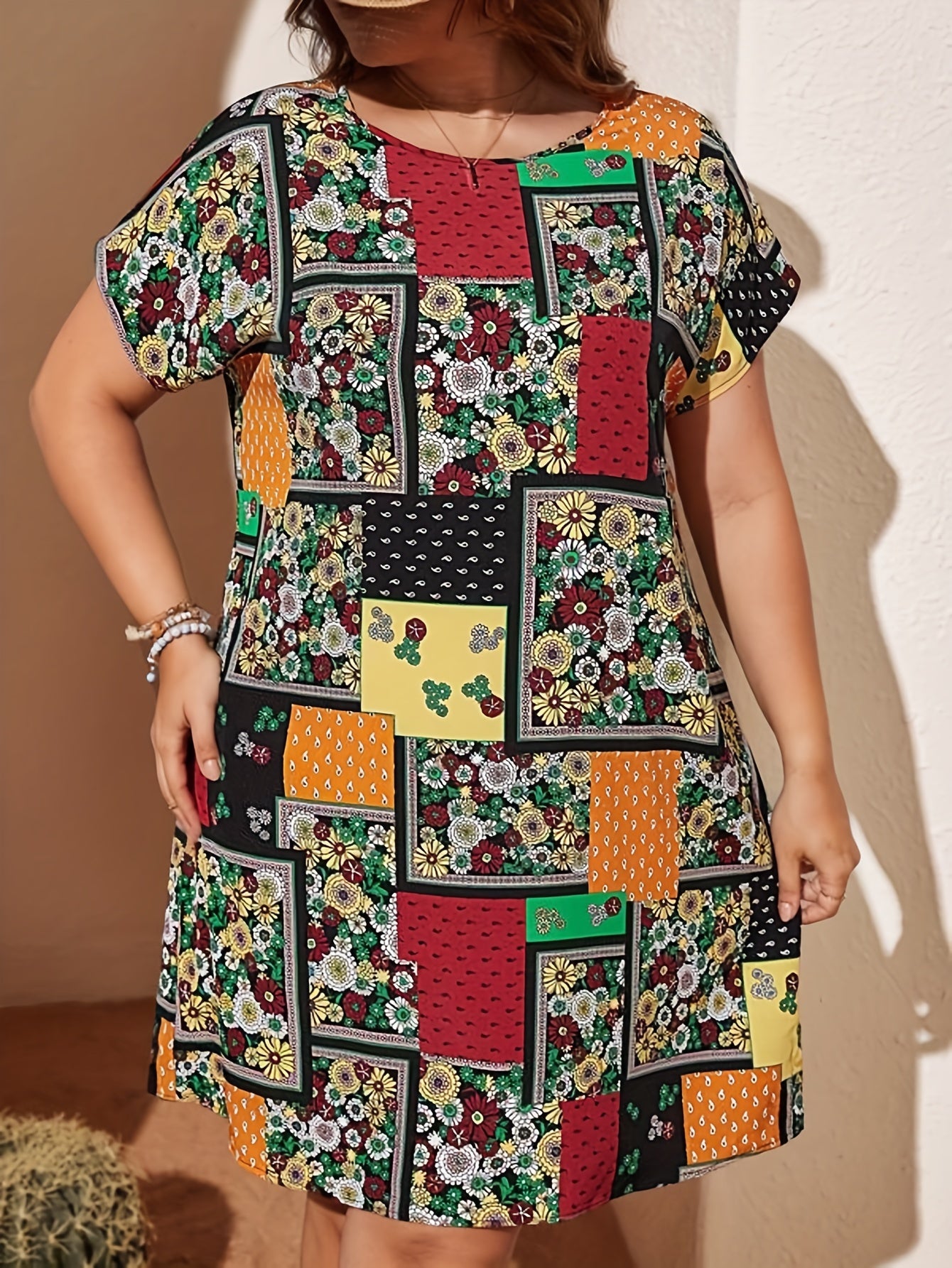 Plus Size Boho Dress Women's Plus Scarf & Floral Print Short Sleeve Dress