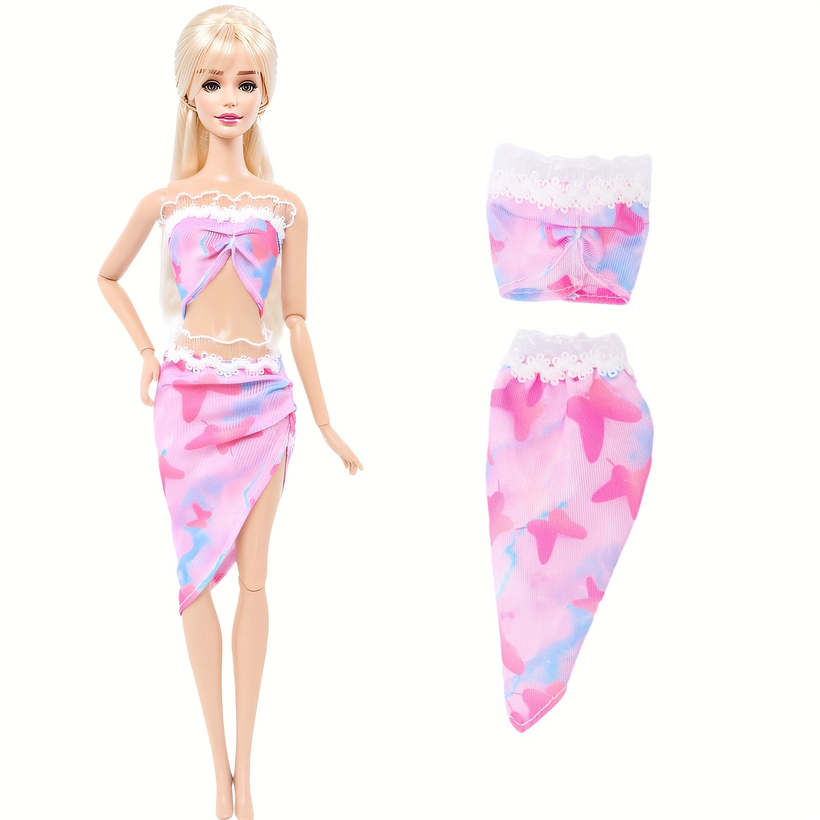 Pink and Red Doll Clothes Party Dress Fish Tail Skirt Butterfly Print Swimsuit