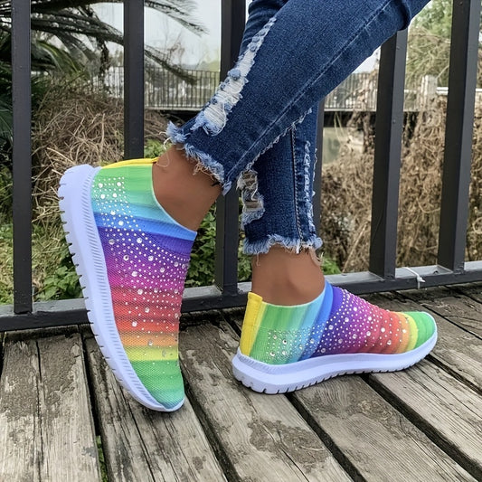 Women's Rainbow Knitted Sneakers Comfy Rhinestone Slip On Sports Shoes