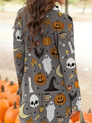  Pumpkin & Skull Print Halloween Cardigan Women's Long Sleeve