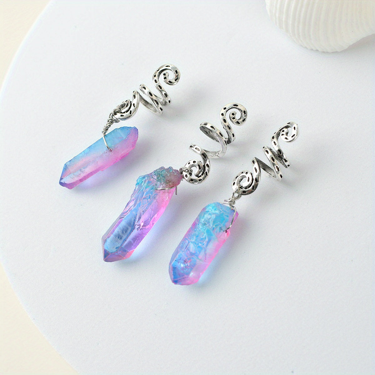 3pcs Colorful Crystal Quartz Dreadlock Hair Ring Spiral Coils Clips