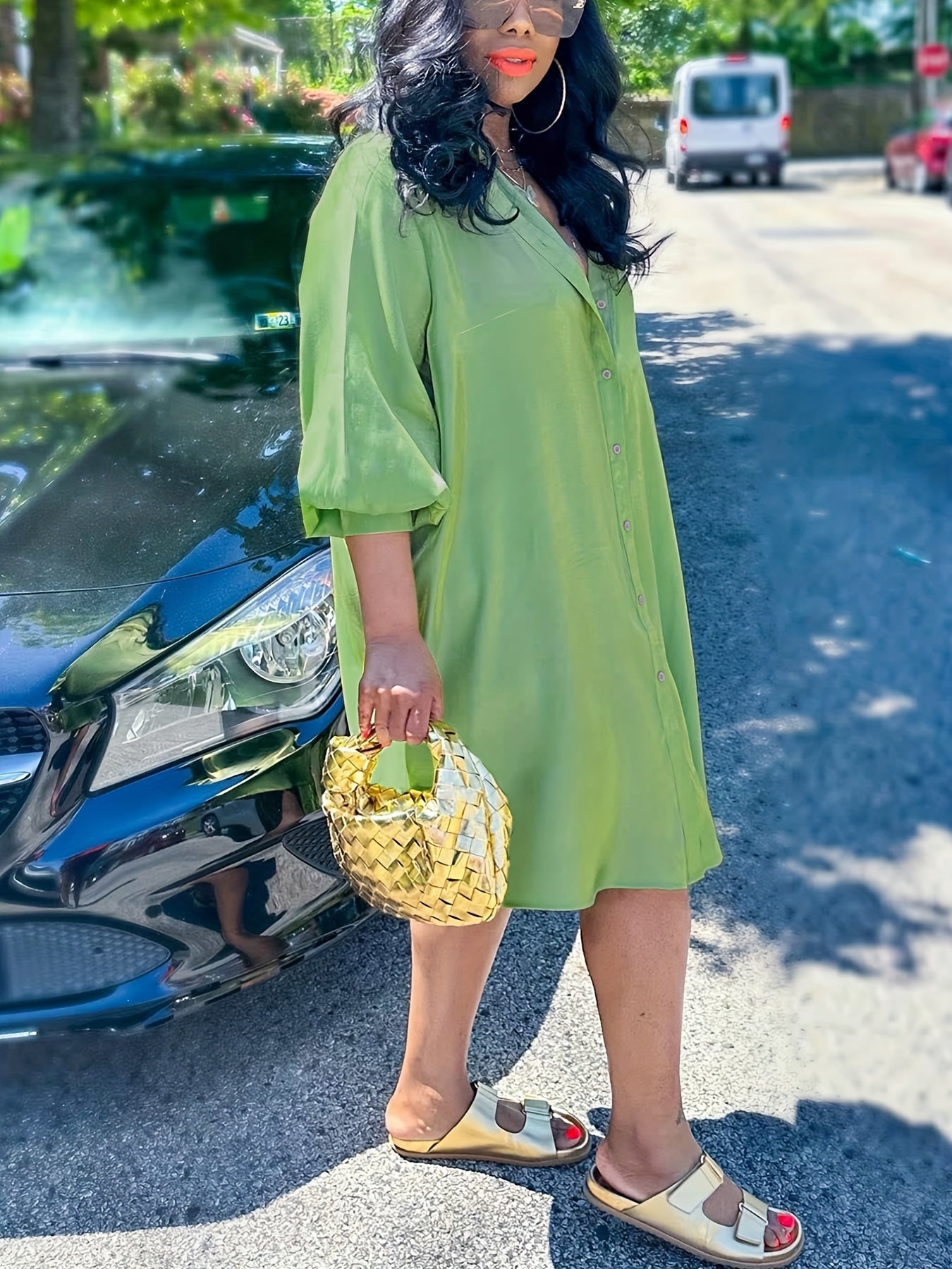  Solid Lantern Sleeve Button Up Shirt Dress