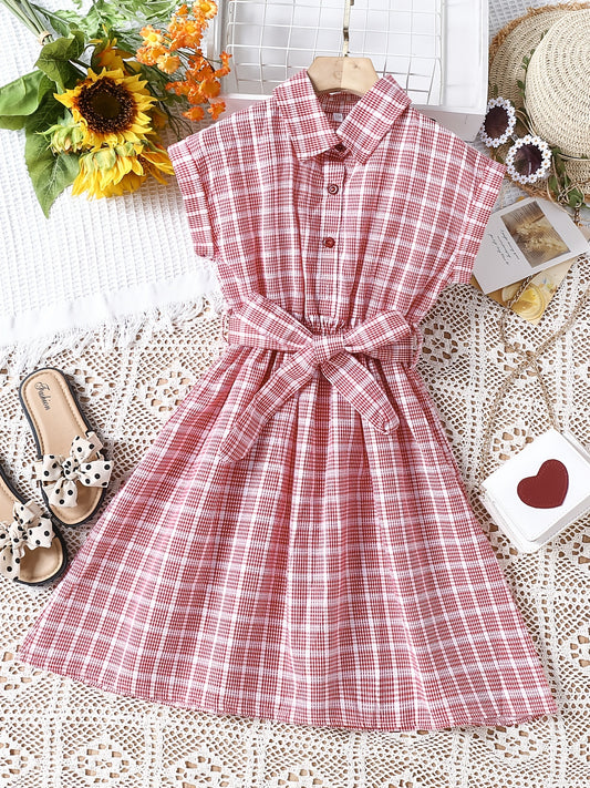 Girls Plaid Button Down Dress with Belt
