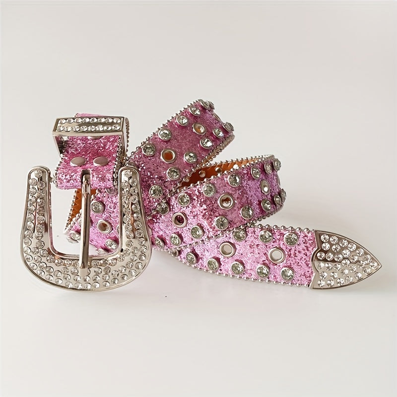 Western Punk Rhinestones Belts For Women Vintage PU Leather Jeans Belts