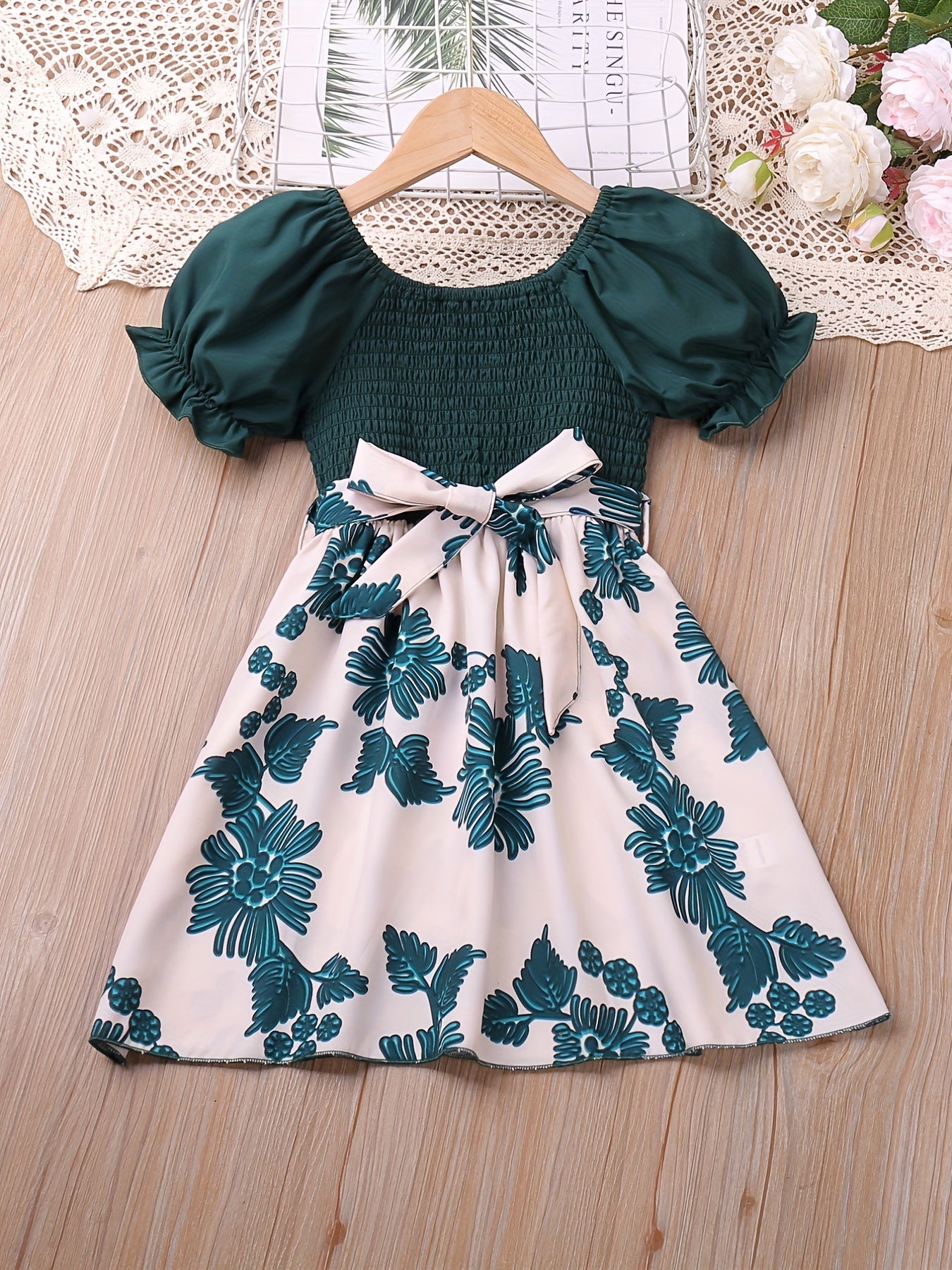 Girl's Puff Sleeve Shirred Floral Midi Dress with Belt