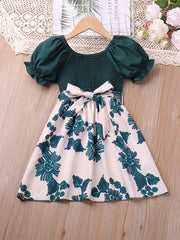 Girl's Puff Sleeve Shirred Floral Midi Dress with Belt