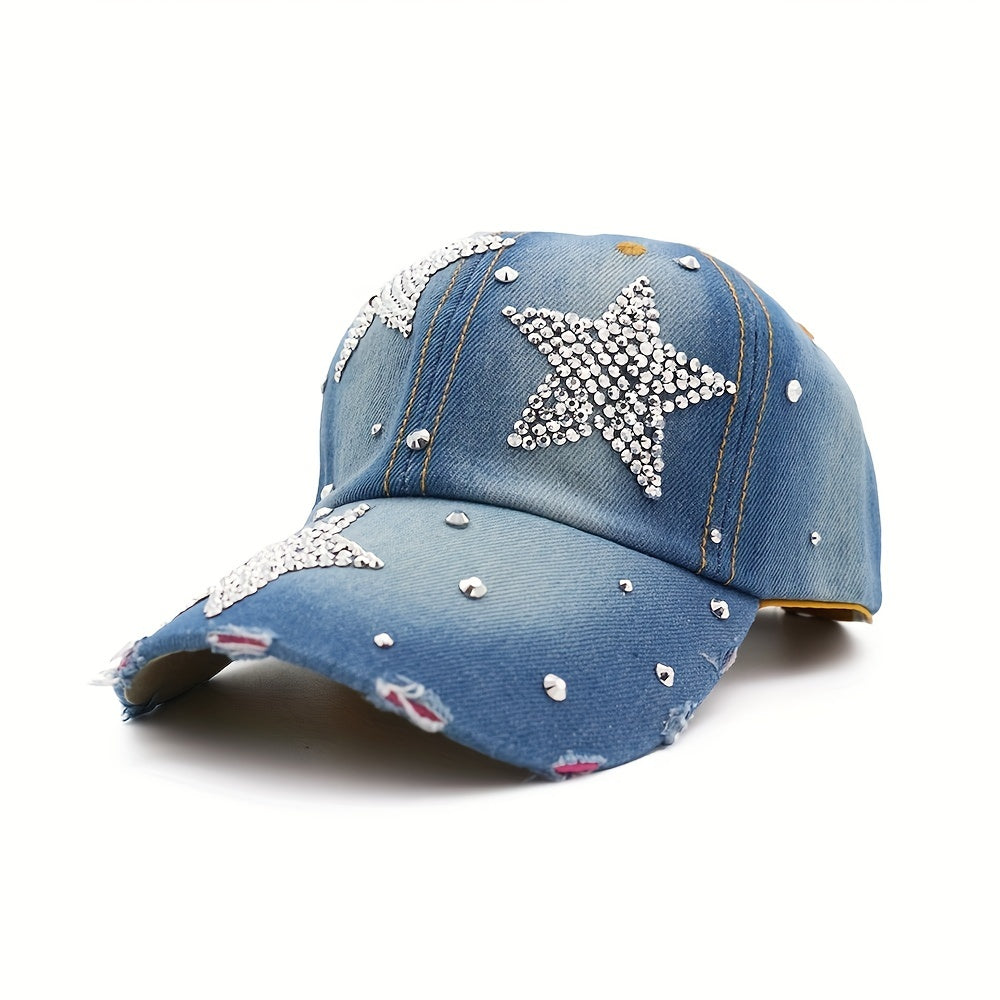 Rhinestone Star Ripped Baseball Cap Denim Washed Distressed Dad Hats Y2K