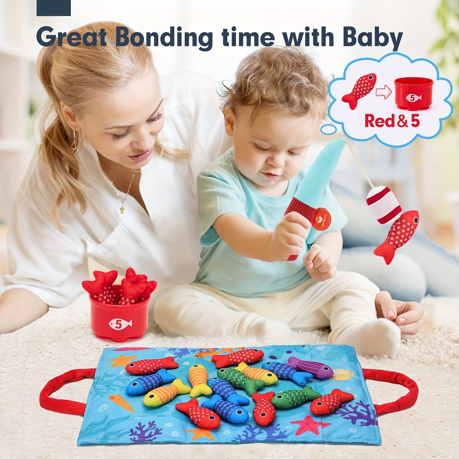 Toddler Cloth Fishing Game Gift 10-in-1 with Stacking Cups Counting Sorting