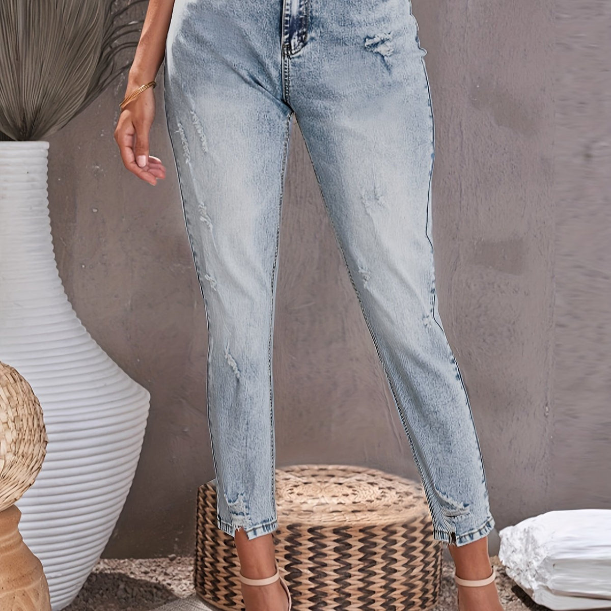  Ripped Button Fly Stretch Jeans