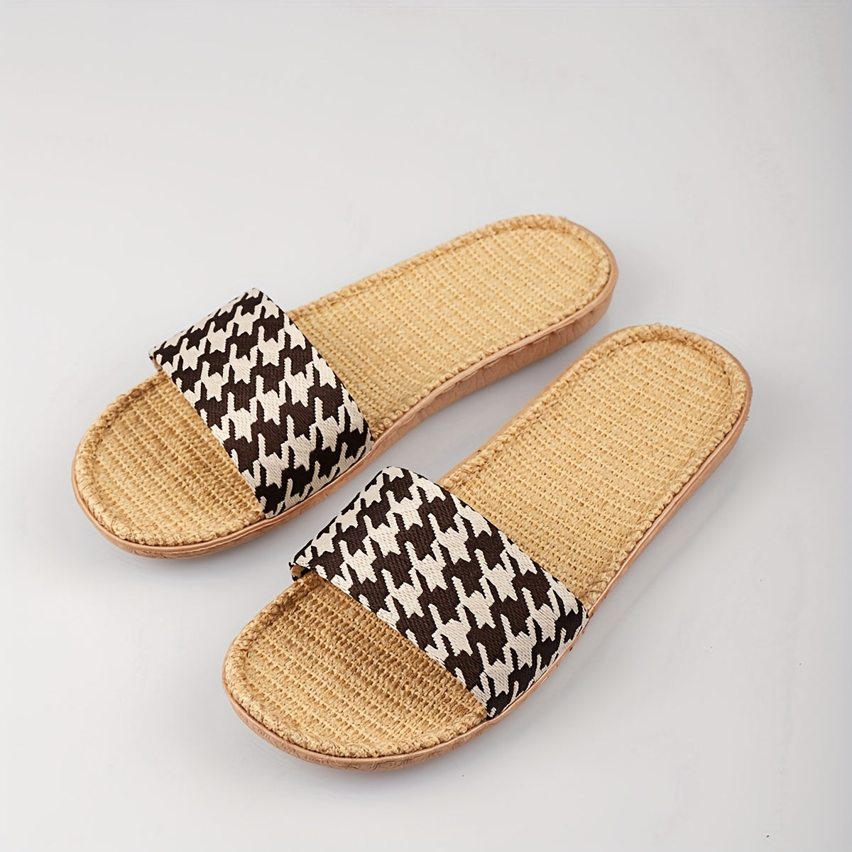 Women's Houndstooth Pattern Slides Slip On Open Toe Linen Sole Shoes