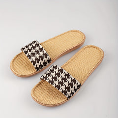 Women's Houndstooth Pattern Slides Slip On Open Toe Linen Sole Shoes