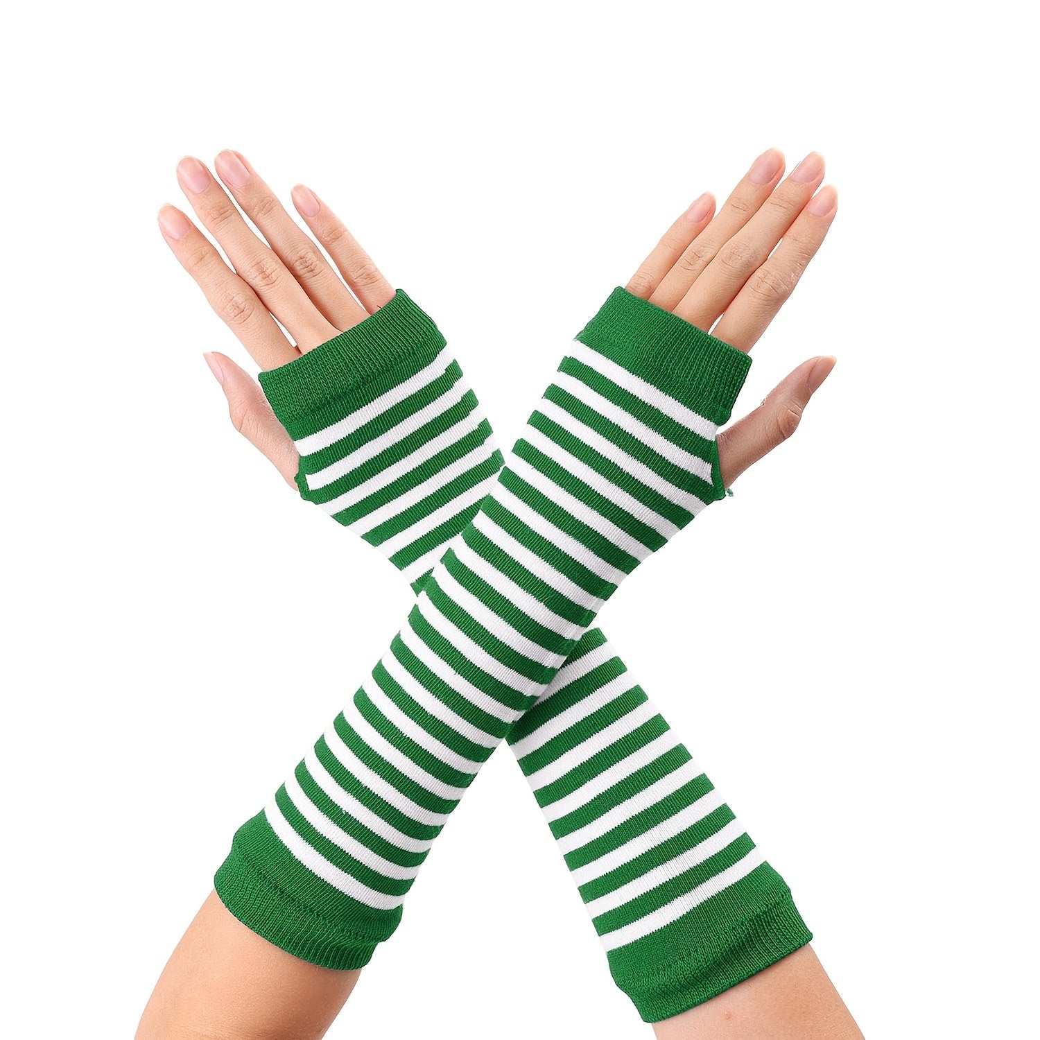 Y2K Green Striped Knitted Gloves Saint Patrick's Fingerless Gloves