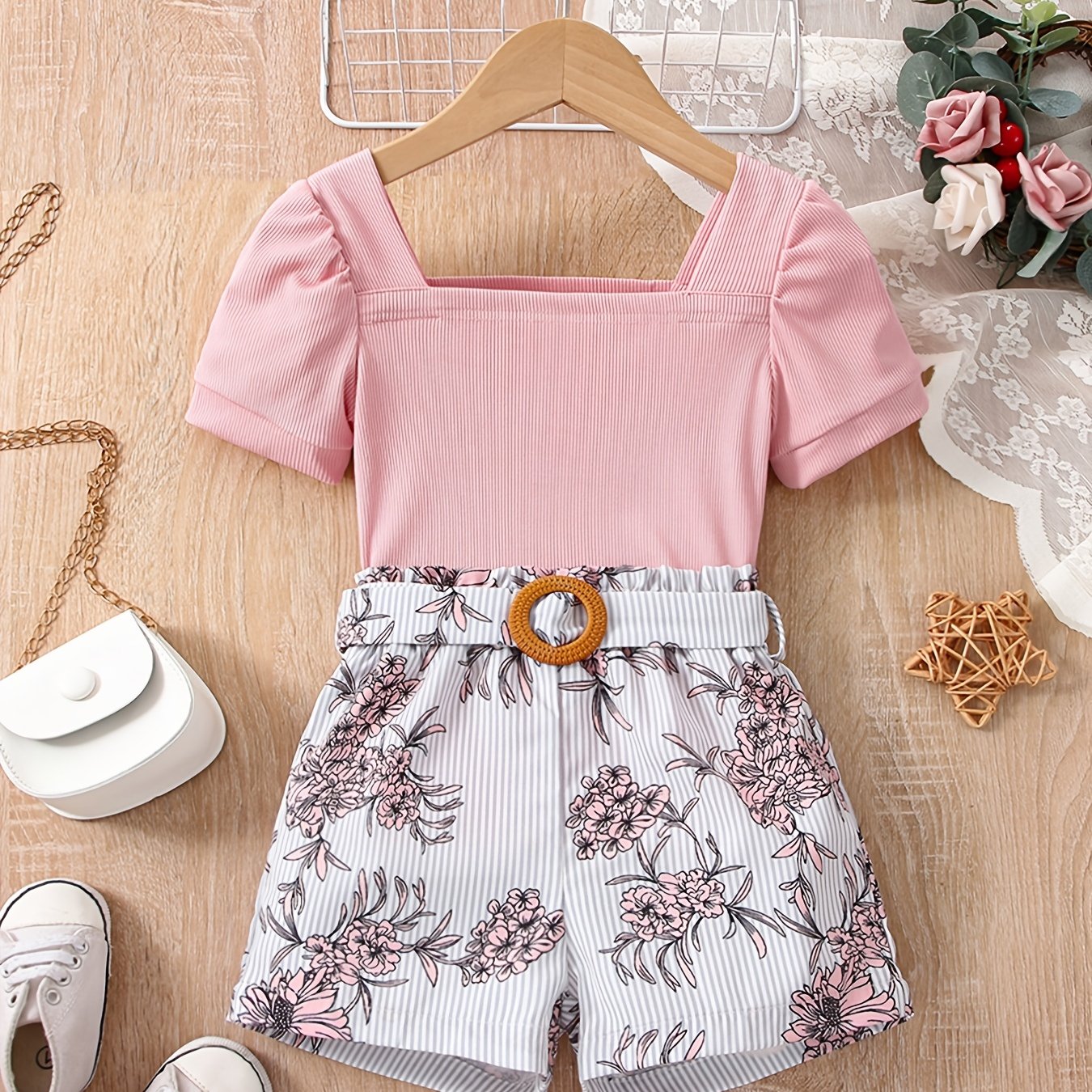 Girls Puff Sleeve Top & Stripes Flowers Shorts Set - Kids Summer Clothes