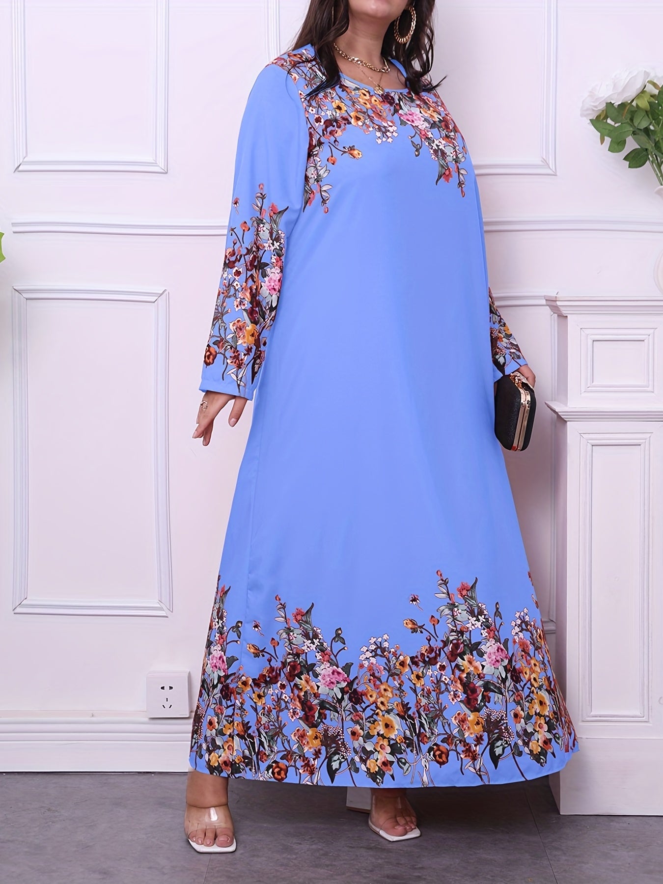  Floral Print Long Sleeve Maxi Dress
