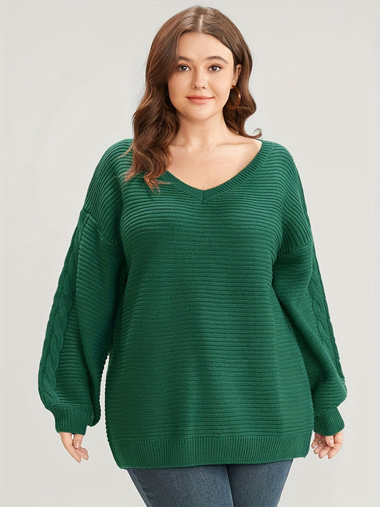 Plus Size Casual Sweater Women's Plus Solid Cable Lantern Sleeve V Neck Jumper