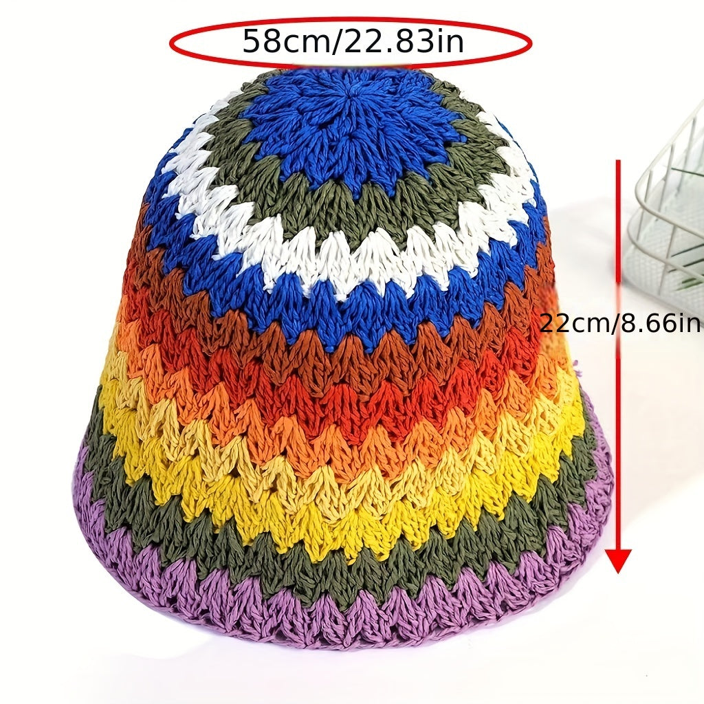 Striped Crochet Beanie Colorful Straw Cloche Hats Sun Shade Bucket Hats