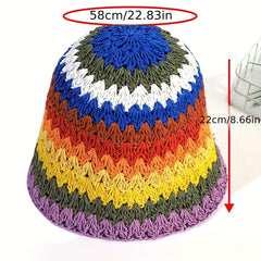 Striped Crochet Beanie Colorful Straw Cloche Hats Sun Shade Bucket Hats