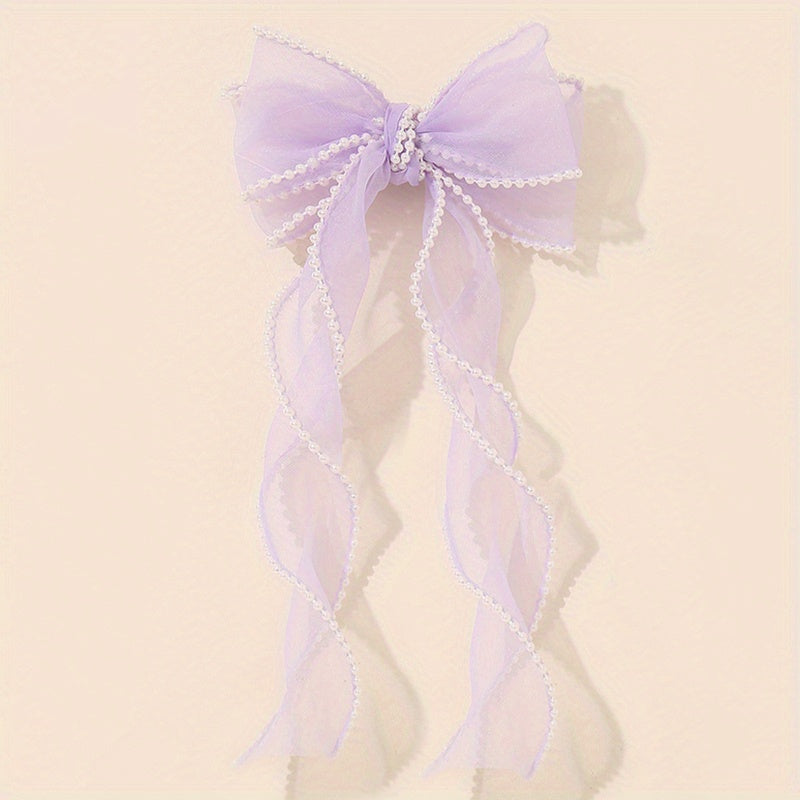Organza Bow Hair Clip Pearl French Barrett Back Head