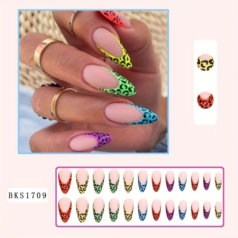 24pcs Leopard Print Almond Press On Nails Long Matte Acrylic Stiletto Nails