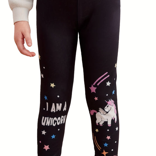 Girls Unicorn & Stars Footless Leggings, Stretchy Slim Fit Legging Pants