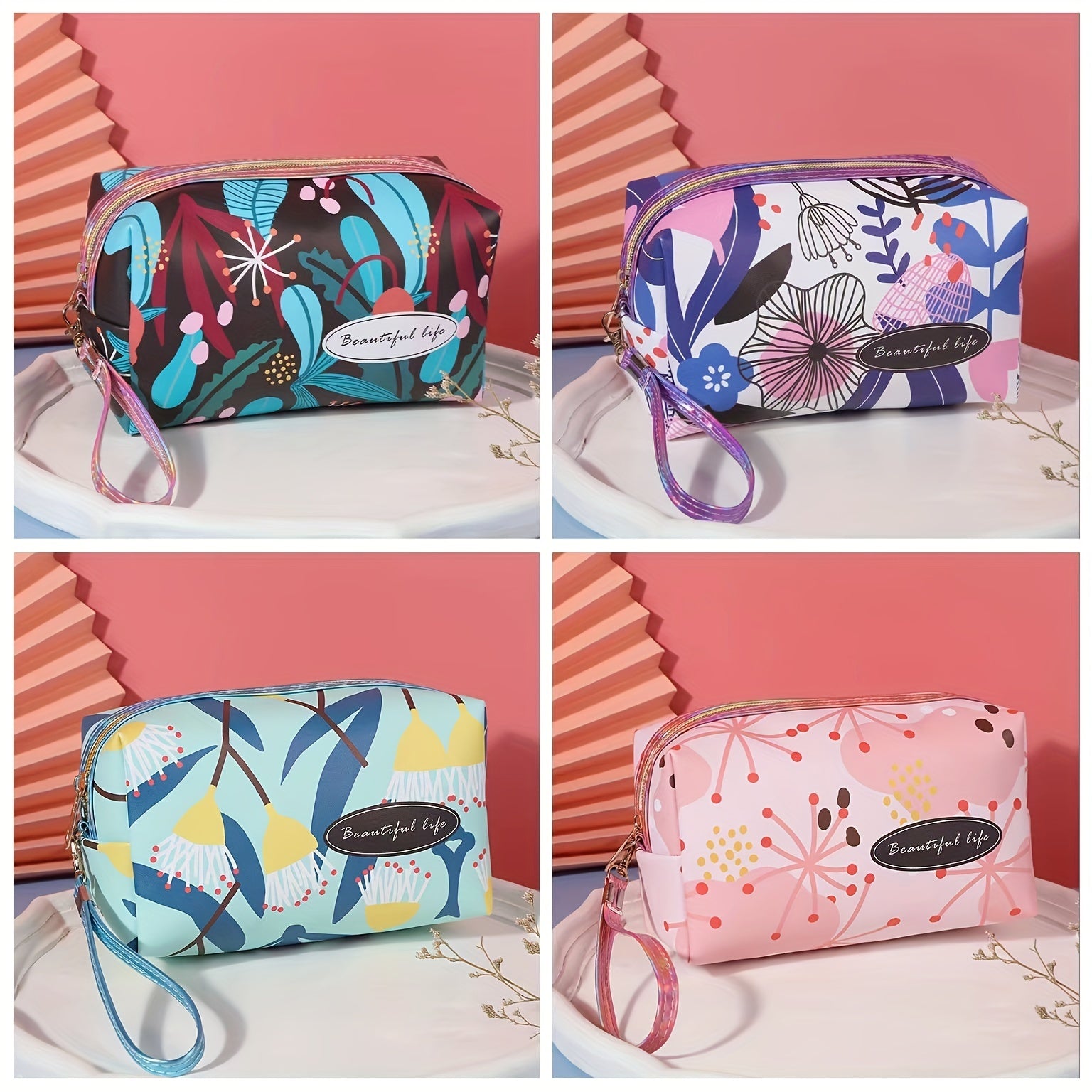 Flower Print Makeup Bag Large Capacity Travel Toiletry Bag with Wrist Strap