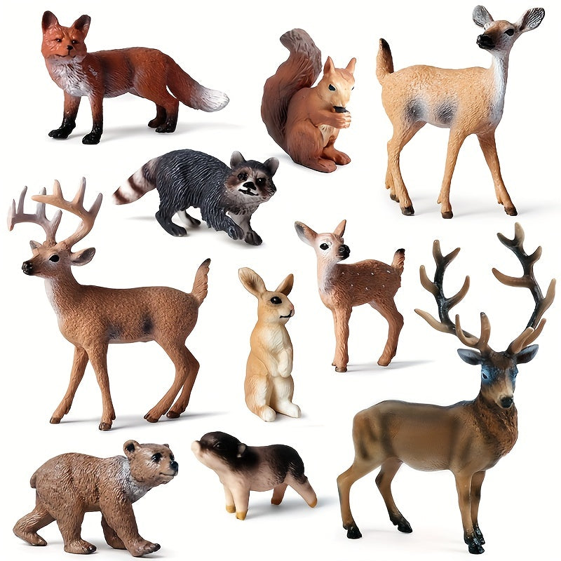 10PCS Forest Wild Animals Model Set Deer Fox Squirrel Rabbit Action Figures