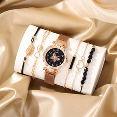 6pcs Heart Rhinestone Quartz Watch & Love Bangle Set