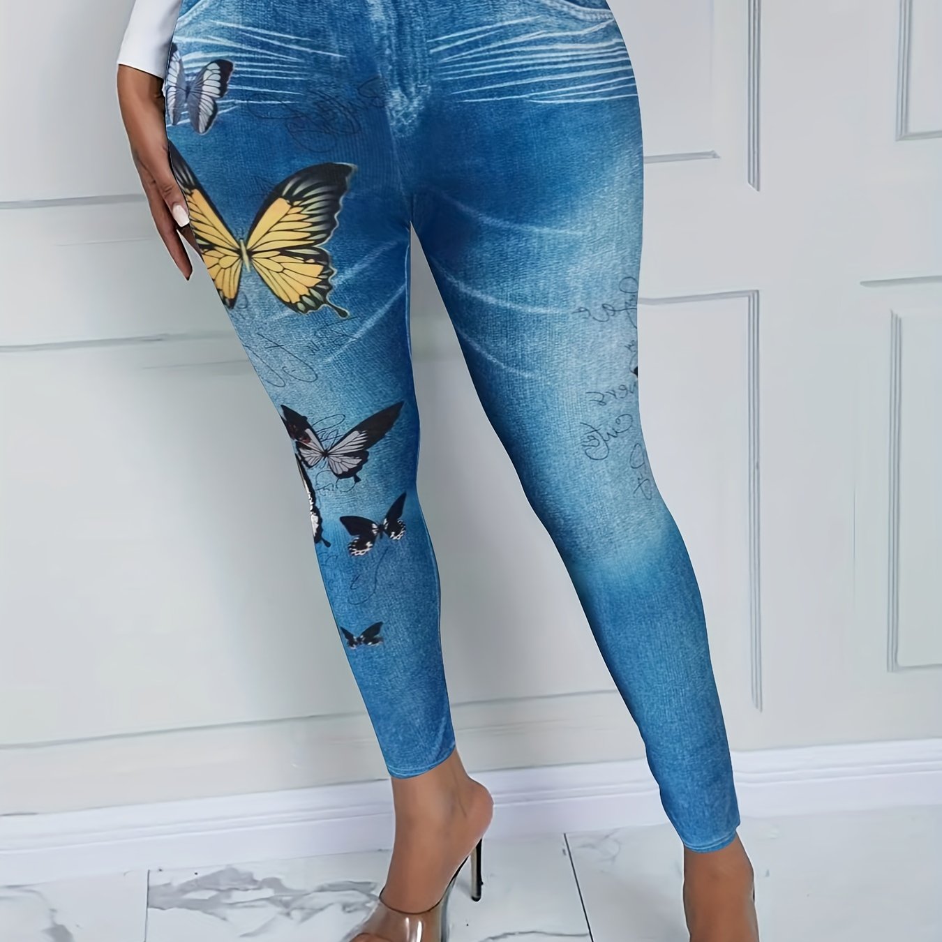 Butterflies & Denim Print Leggings Skinny Long Length Casual Pants
