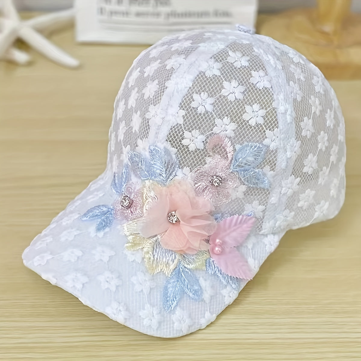 Flower Embroidery Mesh Trucker Hat Faux Pearl Decor Lace Baseball Cap