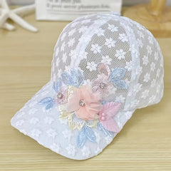 Flower Embroidery Mesh Trucker Hat Faux Pearl Decor Lace Baseball Cap