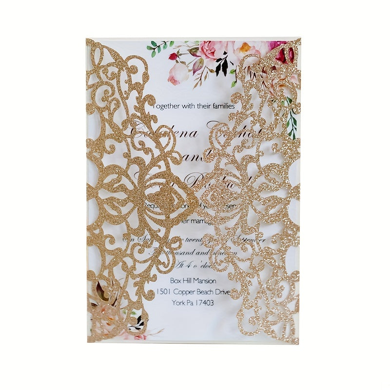 10pcs Glitter Paper Laser Cut Wedding Invitation Card Customize Card With Ribbon