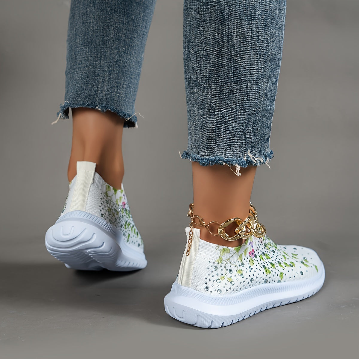Women's Floral Pattern Rhinestone Tennis Sports Shoes