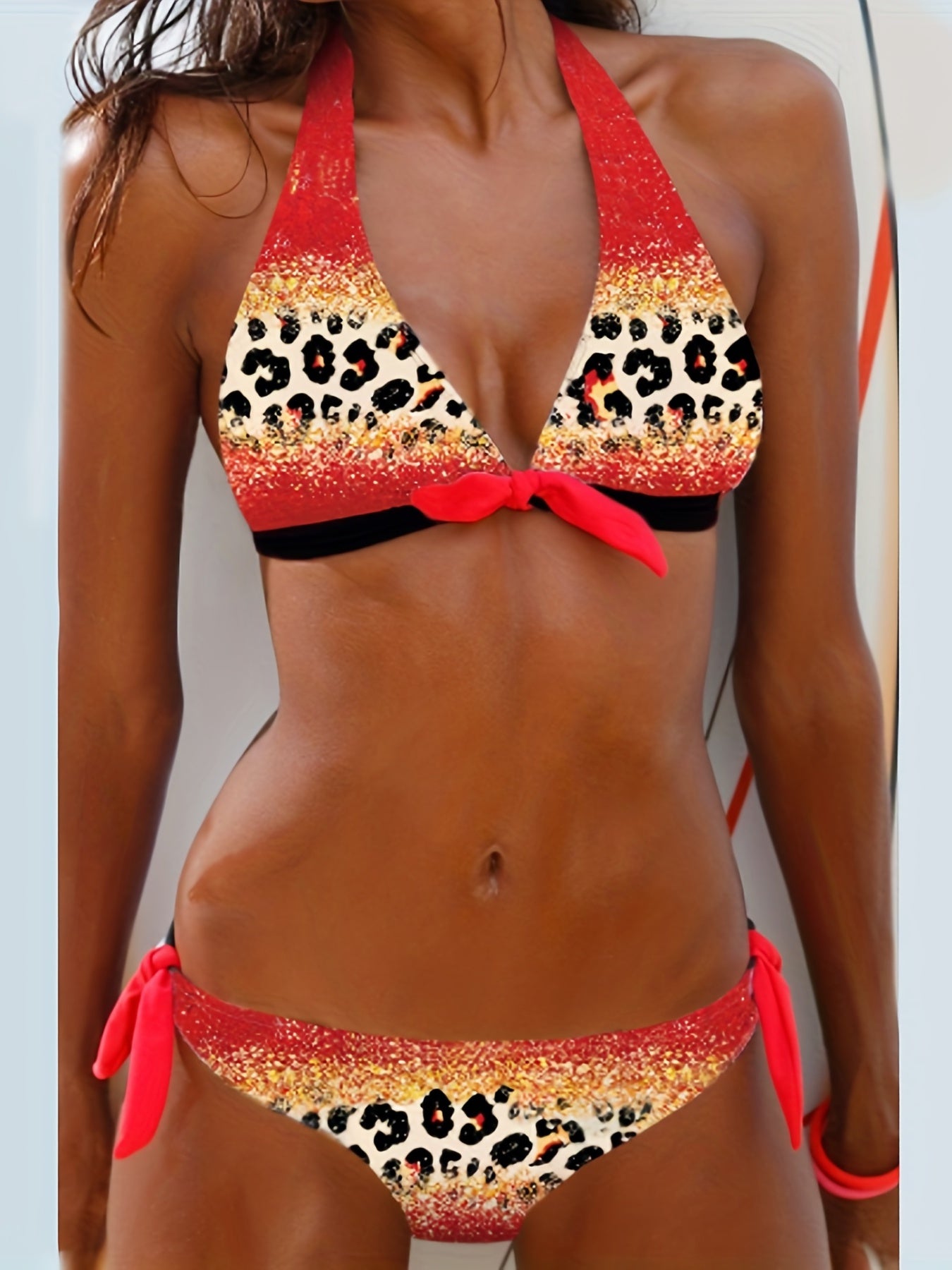 Leopard Print Bikini Set Halter V Neck Back Buckle Backless Tie Side High Cut