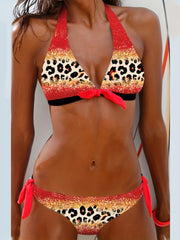 Leopard Print Bikini Set Halter V Neck Back Buckle Backless Tie Side High Cut