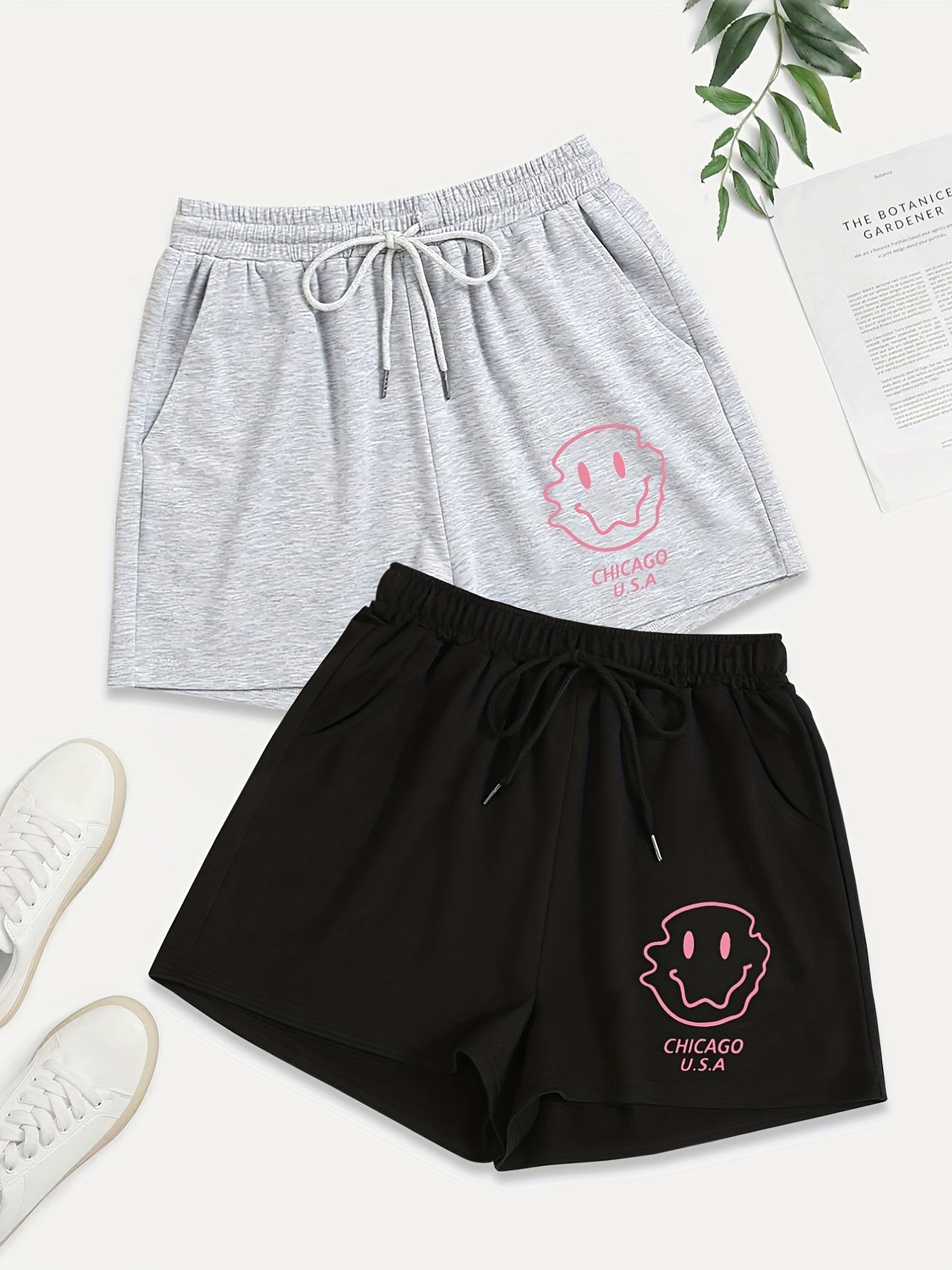 2 Pack Sporty Shorts Set Women's Plus Face & Letter Print Elastic Waist Shorts
