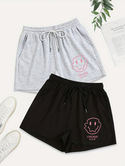 2 Pack Sporty Shorts Set Women's Plus Face & Letter Print Elastic Waist Shorts