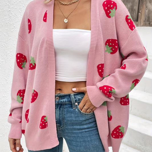 Strawberry Pattern Open Front Cardigan Long Sleeve Cardigan