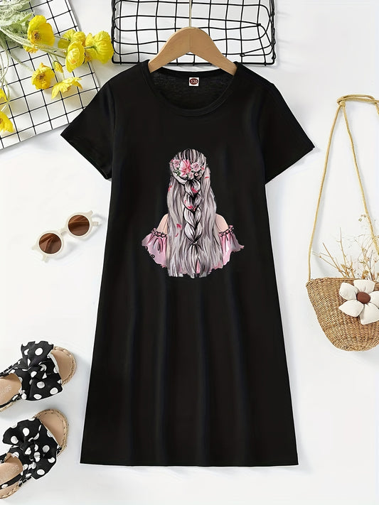 Girls Cartoon Figure Graphic Crew Neck Casual T Shirts Dress
