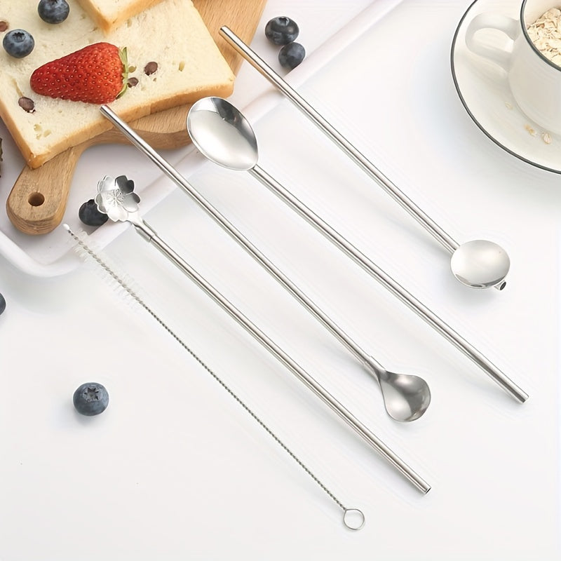 Stainless Steel Straw Spoons Reusable for Coffee Stirring
