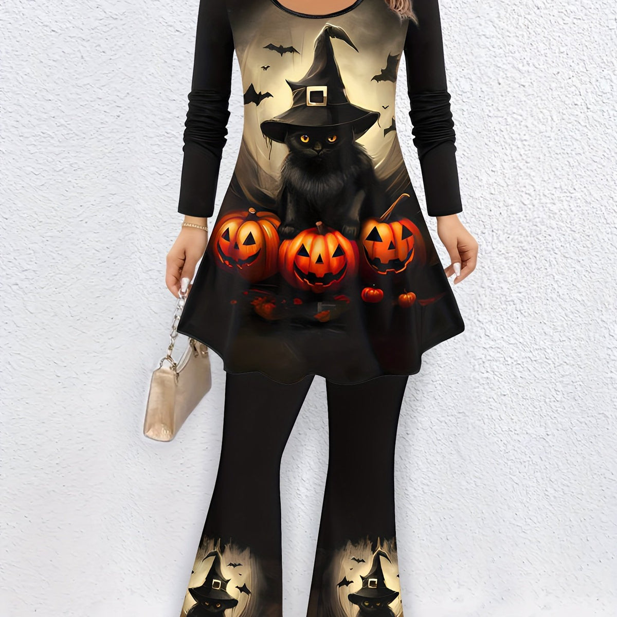  Cat & Pumpkin Print Top & Pants Set