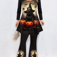  Cat & Pumpkin Print Top & Pants Set