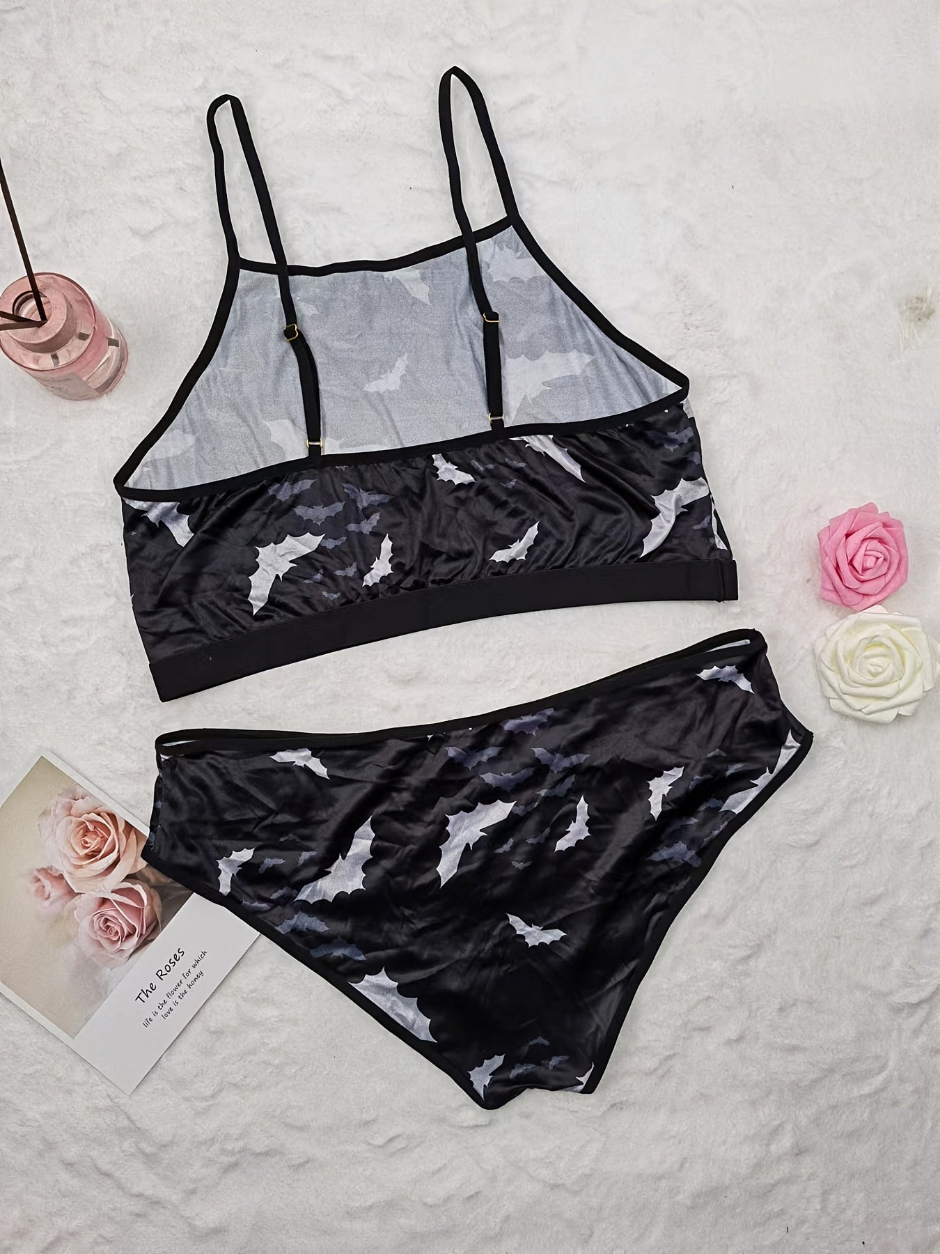  Satin Bat Print Cami Top & Panties Sexy Lingerie Set Women's Plus