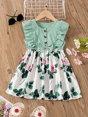 Girls Casual Ruffled Dress with Flower Print Bow for Summer
