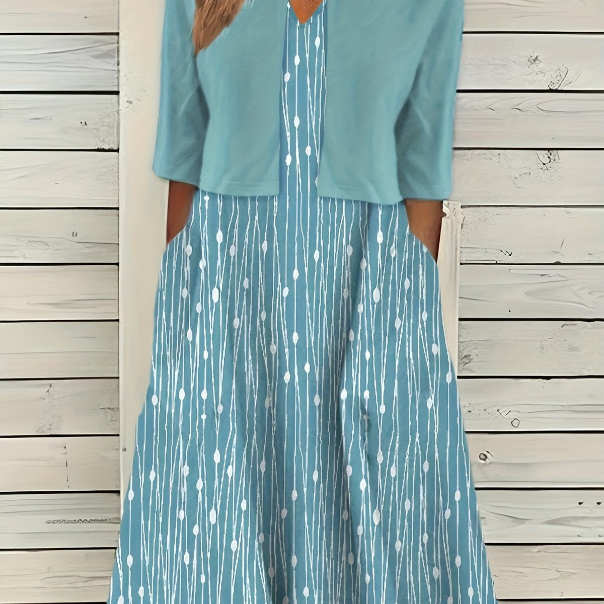 Plus Size Dot & Stripe Print V Neck Dress & Cardigan Two Piece Set