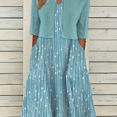 Plus Size Dot & Stripe Print V Neck Dress & Cardigan Two Piece Set